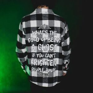 NEW Cakeworthy Beetlejuice Adam Black White Flannel Long Sleeve Women Small